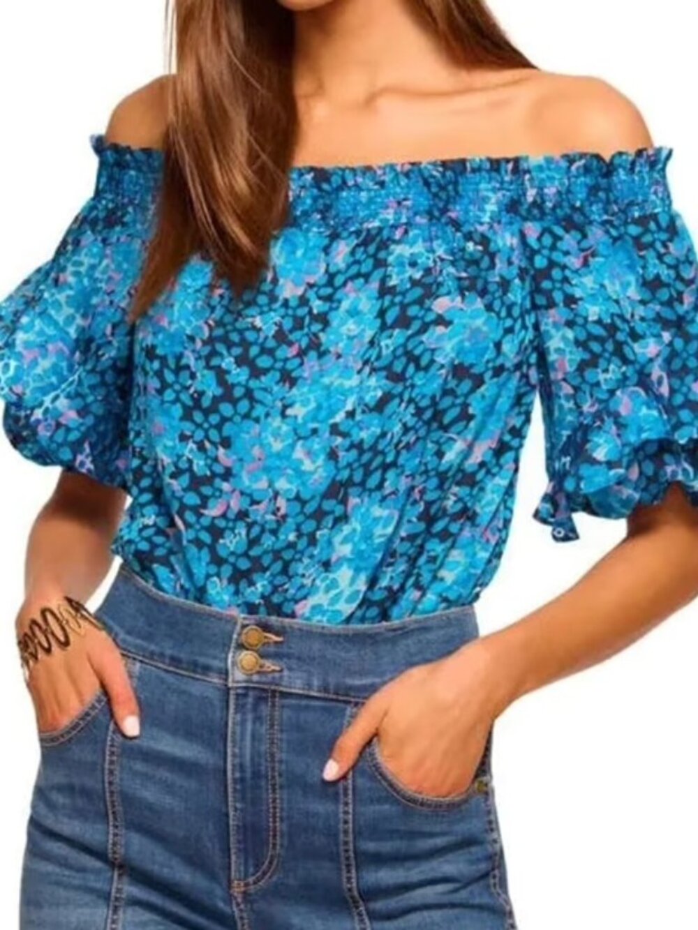 Ramy Brook Fiona Off-Shoulder Smocked Floral Blouse Blue Navy Flutter Sleeve XL